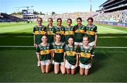 12 July 2025; The Kerry team, back row from left; Caoimhe Kennedy, St Joseph's Primary School, Templemore, Tipperary, Kate Mathews, Scoil Shinchill, Killeigh, Offaly, Tara Renee Ledwith, An Grianán National School, Moate, Westmeath, Aoife Barrett, Dromore National School, Bantry, Cork, Lauren Kelly, Whitechurch National School, Cappagh, Waterford, and Sarah Leahy, Brosna National School, Brosna, Kerry and front row, from left; Clodagh Keane, St. Colmcille’s National School, Mullingar, Westmeath, Ellie McGrath, Scoil Molaise National School, Old Leighlin, Carlow, Ava Deacon, Kildavin NS in Carlow and Matilda O'Donnell, Coolard National School, Listowel, Kerry before the GAA Football All-Ireland Senior Championship semi-final match between Kerry and Tyrone at Croke Park in Dublin. Photo by Piaras Ó Mídheach/Sportsfile