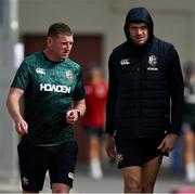15 July 2025; Finn Russell, left, and Blair Kinghorn arrive for a British & Irish Lions squad training session at the Churchie School in Brisbane, Australia. Photo by Brendan Moran/Sportsfile