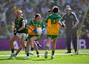 13 July 2025; Ella Gillespie, St. Joseph's Primary School, Galbally, Tyrone, representing Donegal, during the GAA INTO Cumann na mBunscol Respect Exhibition Go Games match at the GAA Football All-Ireland Senior Championship semi-final match between Meath and Donegal at Croke Park in Dublin. Photo by Piaras Ó Mídheach/Sportsfile