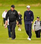 15 July 2025; Tom McKibbin of Northern Ireland, right, and Darren Clarke of Northern Ireland during a practice round at Royal Portrush Golf Club in Portrush, Antrim, ahead of The 153rd Open Championship. Photo by Ramsey Cardy/Sportsfile