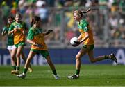 13 July 2025; Síne Nic Giolla Chomhaill, Gaelscoil Ultain, Baile Mhuineacháin, Mhuineacháin, ag déanamh ionadaíochta ar Dhún na nGall during the GAA INTO Cumann na mBunscol Respect Exhibition Go Games match at the GAA Football All-Ireland Senior Championship semi-final match between Meath and Donegal at Croke Park in Dublin. Photo by Piaras Ó Mídheach/Sportsfile
