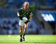 13 July 2025; Eva O'Connor, St Senan's National School, Cloghroe, Cork, representing Meath, during the GAA INTO Cumann na mBunscol Respect Exhibition Go Games match at the GAA Football All-Ireland Senior Championship semi-final match between Meath and Donegal at Croke Park in Dublin. Photo by Piaras Ó Mídheach/Sportsfile