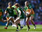 13 July 2025; Aoife Coulter, Edendork Primary School, Dungannon, Tyrone, representing Donegal, in action against Leah Ramsbottom, Timahoe National School, Timahoe, Laois, representing Meath, during the GAA INTO Cumann na mBunscol Respect Exhibition Go Games match at the GAA Football All-Ireland Senior Championship semi-final match between Meath and Donegal at Croke Park in Dublin. Photo by Piaras Ó Mídheach/Sportsfile