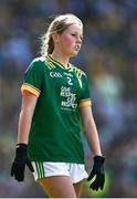 13 July 2025; Kate McKeon, Gaelscoil Dhún Dealgan, Dún Dealgan, Co Lú, ag ionadú na Mí, during the GAA INTO Cumann na mBunscol Respect Exhibition Go Games match at the GAA Football All-Ireland Senior Championship semi-final match between Meath and Donegal at Croke Park in Dublin. Photo by Piaras Ó Mídheach/Sportsfile