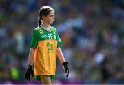 13 July 2025; Kate Donaghy, St. Colmcille's, Claudy, Derry, representing Donegal, during the GAA INTO Cumann na mBunscol Respect Exhibition Go Games match at the GAA Football All-Ireland Senior Championship semi-final match between Meath and Donegal at Croke Park in Dublin. Photo by Piaras Ó Mídheach/Sportsfile