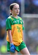 13 July 2025; Ella Gillespie, St. Joseph's Primary School, Galbally, Tyrone, representing Donegal, during the GAA INTO Cumann na mBunscol Respect Exhibition Go Games match at the GAA Football All-Ireland Senior Championship semi-final match between Meath and Donegal at Croke Park in Dublin. Photo by Piaras Ó Mídheach/Sportsfile