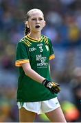 13 July 2025; Ruby Wilson, Solas Chríost National School, Tallaght, Dublin, representing Meath, during the GAA INTO Cumann na mBunscol Respect Exhibition Go Games match at the GAA Football All-Ireland Senior Championship semi-final match between Meath and Donegal at Croke Park in Dublin. Photo by Piaras Ó Mídheach/Sportsfile