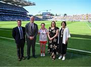 12 July 2025; Gary Farrell, President, Cumann na mBunscol, Uachtarán Chumann Lúthchleas Gael Jarlath Burns, LGFA President Trina Murray and INTO President Anne Horan, with Kelly Duff, Ballapousta National School, Ardee, Louth, representing Tyrone, before the GAA INTO Cumann na mBunscol Respect Exhibition Go Games at the GAA Football All-Ireland Senior Championship semi-final match between Meath and Donegal at Croke Park in Dublin. Photo by Piaras Ó Mídheach/Sportsfile