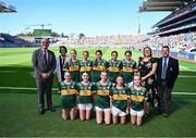 12 July 2025; Uachtarán Chumann Lúthchleas Gael Jarlath Burns, INTO President Anne Horan, LGFA President Trina Murray and Gary Farrell, President, Cumann na mBunscol with the Kerry team; back row, from left; Kate Mathews, Scoil Shinchill, Killeigh, Offaly, Aoife Barrett, Dromore National School, Bantry, Cork, Lauren Kelly, Whitechurch National School, Cappagh, Waterford, Tara Renee Ledwith, An Grianán National School, Moate, Westmeath, and Sienna Dillane, Blackwater National School, Enniscorthy, Wexford, and back row, from left, Ava Owens, St Mary's Primary School, Teemore, Fermanagh, Zoey Clarke, St. Patrick's National School, Shercock, Cavan, Ellie McGrath, Scoil Molaise National School, Old Leighlin, Carlow, and Matilda O'Donnell, Coolard National School, Listowel, Kerry, before the GAA INTO Cumann na mBunscol Respect Exhibition Go Games at the GAA Football All-Ireland Senior Championship semi-final match between Meath and Donegal at Croke Park in Dublin. Photo by Piaras Ó Mídheach/Sportsfile