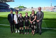 12 July 2025; Uachtarán Chumann Lúthchleas Gael Jarlath Burns, INTO President Anne Horan, LGFA President Trina Murray and Gary Farrell, President, Cumann na mBunscol with referees Conor Carron of St Columban's Primary School, Belcoo, Fermanagh, and Orlaith Donohoe of St Mary's Primary School, Maguiresbridge, Fermanagh, before the GAA INTO Cumann na mBunscol Respect Exhibition Go Games at the GAA Football All-Ireland Senior Championship semi-final match between Meath and Donegal at Croke Park in Dublin. Photo by Piaras Ó Mídheach/Sportsfile