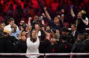 11 July 2025; Matchroom Boxing promoter Eddie Hearn and Tomas Rohan of Katie Taylor's team, right, celebrate as Katie Taylor is declared victroious following her undisputed super lightweight championship fight with Amanda Serrano at Madison Square Garden in New York, USA. Photo by Stephen McCarthy/Sportsfile