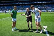12 July 2025; Referee Liam Devenney with the team captains Cillian Fahy of Limerick and Kevin Feely of Kildare before the Tailteann Cup final match between Kildare and Limerick at Croke Park in Dublin. Photo by Piaras Ó Mídheach/Sportsfile