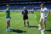 12 July 2025; Referee Liam Devenney with the team captains Cillian Fahy of Limerick and Kevin Feely of Kildare before the Tailteann Cup final match between Kildare and Limerick at Croke Park in Dublin. Photo by Piaras Ó Mídheach/Sportsfile