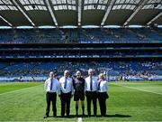12 July 2025; Referee Liam Devenney with his umpires before the Tailteann Cup final match between Kildare and Limerick at Croke Park in Dublin. Photo by Piaras Ó Mídheach/Sportsfile