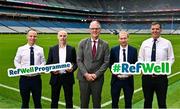 15 July 2025; Uachtarán Chumann Lúthchleas Gael Jarlath Burns, centre, with attendees, from left, national hurling referee Chris Mooney, Ulster University programme creator, Dr. Noel Brick, Ulster University PhD student Tom Lishman and national football referee Sean Hurson pictured at the launch of GAA Refwell, a new wellness and support programme for Gaelic games referees at Croke Park in Dublin. Photo by Tyler Miller/Sportsfile