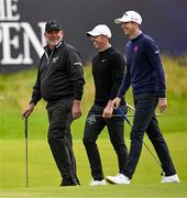 15 July 2025; Rory McIlroy of Northern Ireland, centre, with Darren Clarke of Northern Ireland, left, and Tom McKibbin of Northern Ireland during a practice round at Royal Portrush Golf Club in Portrush, Antrim, ahead of The 153rd Open Championship. Photo by Ramsey Cardy/Sportsfile