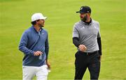 15 July 2025; Brooks Koepka of USA, left, and Dustin Johnson of USA during a practice round at Royal Portrush Golf Club in Portrush, Antrim, ahead of The 153rd Open Championship. Photo by Ramsey Cardy/Sportsfile