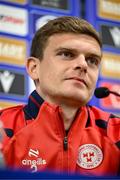 15 July 2025; Sean Gannon during a Shelbourne press conference at Clearer Twist National Football Stadium at Windsor Park in Belfast. Photo by Stephen McCarthy/Sportsfile