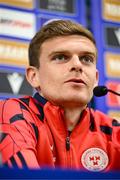 15 July 2025; Sean Gannon during a Shelbourne press conference at Clearer Twist National Football Stadium at Windsor Park in Belfast. Photo by Stephen McCarthy/Sportsfile