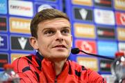 15 July 2025; Sean Gannon during a Shelbourne press conference at Clearer Twist National Football Stadium at Windsor Park in Belfast. Photo by Stephen McCarthy/Sportsfile