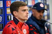 15 July 2025; Sean Gannon during a Shelbourne press conference at Clearer Twist National Football Stadium at Windsor Park in Belfast. Photo by Stephen McCarthy/Sportsfile
