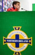 15 July 2025; Sean Gannon during a Shelbourne press conference at Clearer Twist National Football Stadium at Windsor Park in Belfast. Photo by Stephen McCarthy/Sportsfile