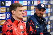 15 July 2025; Sean Gannon and head coach Joey O'Brien, right, during a Shelbourne press conference at Clearer Twist National Football Stadium at Windsor Park in Belfast. Photo by Stephen McCarthy/Sportsfile