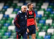 15 July 2025; Head coach Joey O'Brien and Sean Boyd during a Shelbourne training session at Clearer Twist National Football Stadium at Windsor Park in Belfast. Photo by Stephen McCarthy/Sportsfile