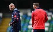 15 July 2025; Head coach Joey O'Brien and Paddy Barrett during a Shelbourne training session at Clearer Twist National Football Stadium at Windsor Park in Belfast. Photo by Stephen McCarthy/Sportsfile