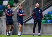15 July 2025; Head coach Joey O'Brien, right, with technical director Luke Byrne and first team coach David McAllister, left, during a Shelbourne training session at Clearer Twist National Football Stadium at Windsor Park in Belfast. Photo by Stephen McCarthy/Sportsfile