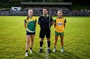 15 July 2025; Referee David Hurson with Leitrim captain Grace Devaney, left, and Donegal captain Laura Boyle before LGFA All-Ireland U16 C Championship final match between Donegal and Leitrim at Tempo Maguires GAC in Tempo, Fermanagh. Photo by Ben McShane/Sportsfile