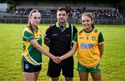 15 July 2025; Referee David Hurson with Leitrim captain Grace Devaney, left, and Donegal captain Laura Boyle before LGFA All-Ireland U16 C Championship final match between Donegal and Leitrim at Tempo Maguires GAC in Tempo, Fermanagh. Photo by Ben McShane/Sportsfile
