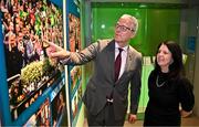 15 July 2025; Uachtarán Chumann Lúthchleas Gael Jarlath Burns and GAA Museum Director Niamh McCoy in attendance at the launch of the GAA Museum’s photographic exhibition, Capturing the Magic of All-Ireland Final Day, held at the Cusack Stand in Croke Park, Dublin. Photo by Sam Barnes/Sportsfile