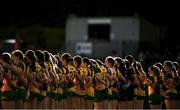 15 July 2025; Donegal players stand for Amhrán na bhFiann before LGFA All-Ireland U16 C Championship final match between Donegal and Leitrim at Tempo Maguires GAC in Tempo, Fermanagh. Photo by Ben McShane/Sportsfile