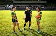 15 July 2025; Referee David Hurson performs the coin-toss in the company of Leitrim captain Grace Devaney, left, and Donegal captain Laura Boyle before LGFA All-Ireland U16 C Championship final match between Donegal and Leitrim at Tempo Maguires GAC in Tempo, Fermanagh. Photo by Ben McShane/Sportsfile