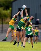 15 July 2025; Grace Devaney, centre, and Nessa Fox of Leitrim contest possession of the throw-in against Toni Boyle of Donegal during LGFA All-Ireland U16 C Championship final match between Donegal and Leitrim at Tempo Maguires GAC in Tempo, Fermanagh. Photo by Ben McShane/Sportsfile