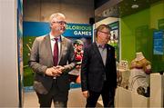 15 July 2025; Uachtarán Chumann Lúthchleas Gael Jarlath Burns, left, and Camogie Association president Brian Molloy in attendance at the launch of the GAA Museum’s photographic exhibition, Capturing the Magic of All-Ireland Final Day, held at the Cusack Stand in Croke Park, Dublin. Photo by Sam Barnes/Sportsfile