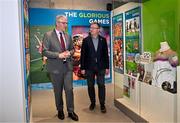 15 July 2025; Uachtarán Chumann Lúthchleas Gael Jarlath Burns, left, and Camogie Association president Brian Molloy in attendance at the launch of the GAA Museum’s photographic exhibition, Capturing the Magic of All-Ireland Final Day, held at the Cusack Stand in Croke Park, Dublin. Photo by Sam Barnes/Sportsfile