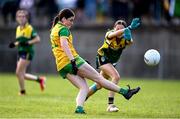 15 July 2025; Eva McNamara of Donegal in action against Nessa Fox of Leitrim during LGFA All-Ireland U16 C Championship final match between Donegal and Leitrim at Tempo Maguires GAC in Tempo, Fermanagh. Photo by Ben McShane/Sportsfile