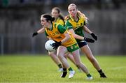 15 July 2025; Orla Ward of Donegal is tackled by Kate Kenny of Leitrim during LGFA All-Ireland U16 C Championship final match between Donegal and Leitrim at Tempo Maguires GAC in Tempo, Fermanagh. Photo by Ben McShane/Sportsfile