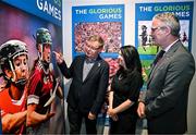 15 July 2025; In attendance at the launch of the GAA Museum’s photographic exhibition, Capturing the Magic of All-Ireland Final Day are, from left, Camogie Association president Brian Molloy, GAA Museum Director Niamh McCoy, and Uachtarán Chumann Lúthchleas Gael Jarlath Burns at Croke Park in Dublin. Photo by Sam Barnes/Sportsfile