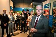 15 July 2025; Uachtarán Chumann Lúthchleas Gael Jarlath Burns, right, addresses attendees at the launch of the GAA Museum’s photographic exhibition, Capturing the Magic of All-Ireland Final Day, held at the Cusack Stand in Croke Park, Dublin. Photo by Sam Barnes/Sportsfile