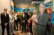 15 July 2025; Uachtarán Chumann Lúthchleas Gael Jarlath Burns, right, addresses attendees at the launch of the GAA Museum’s photographic exhibition, Capturing the Magic of All-Ireland Final Day, held at the Cusack Stand in Croke Park, Dublin. Photo by Sam Barnes/Sportsfile