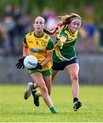 15 July 2025; Toni Boyle of Donegal in action against Eibhlin Guckian of Leitrim during LGFA All-Ireland U16 C Championship final match between Donegal and Leitrim at Tempo Maguires GAC in Tempo, Fermanagh. Photo by Ben McShane/Sportsfile