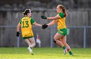 15 July 2025; Cayla Mc Fadden of Donegal celebrates with teammate Orla Ward, 13, after scoring their side's first goal during LGFA All-Ireland U16 C Championship final match between Donegal and Leitrim at Tempo Maguires GAC in Tempo, Fermanagh. Photo by Ben McShane/Sportsfile