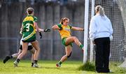 15 July 2025; Cayla Mc Fadden of Donegal scores her side's first goal during LGFA All-Ireland U16 C Championship final match between Donegal and Leitrim at Tempo Maguires GAC in Tempo, Fermanagh. Photo by Ben McShane/Sportsfile