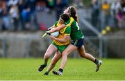 15 July 2025; Eva McNamara of Donegal is tackled by Eibhlin Guckian of Leitrim during LGFA All-Ireland U16 C Championship final match between Donegal and Leitrim at Tempo Maguires GAC in Tempo, Fermanagh. Photo by Ben McShane/Sportsfile