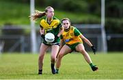 15 July 2025; Kate Kenny of Leitrim in action against Iona Mc Hugh of Donegal during LGFA All-Ireland U16 C Championship final match between Donegal and Leitrim at Tempo Maguires GAC in Tempo, Fermanagh. Photo by Ben McShane/Sportsfile