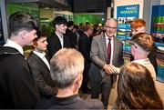 15 July 2025; Uachtarán Chumann Lúthchleas Gael Jarlath Burns greets members of The Artane Band at the launch of the GAA Museum’s photographic exhibition, Capturing the Magic of All-Ireland Final Day, held at the Cusack Stand in Croke Park, Dublin. Photo by Sam Barnes/Sportsfile
