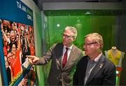 15 July 2025; Uachtarán Chumann Lúthchleas Gael Jarlath Burns, left, and Camogie Association president Brian Molloy in attendance at the launch of the GAA Museum’s photographic exhibition, Capturing the Magic of All-Ireland Final Day, held at the Cusack Stand in Croke Park, Dublin. Photo by Sam Barnes/Sportsfile